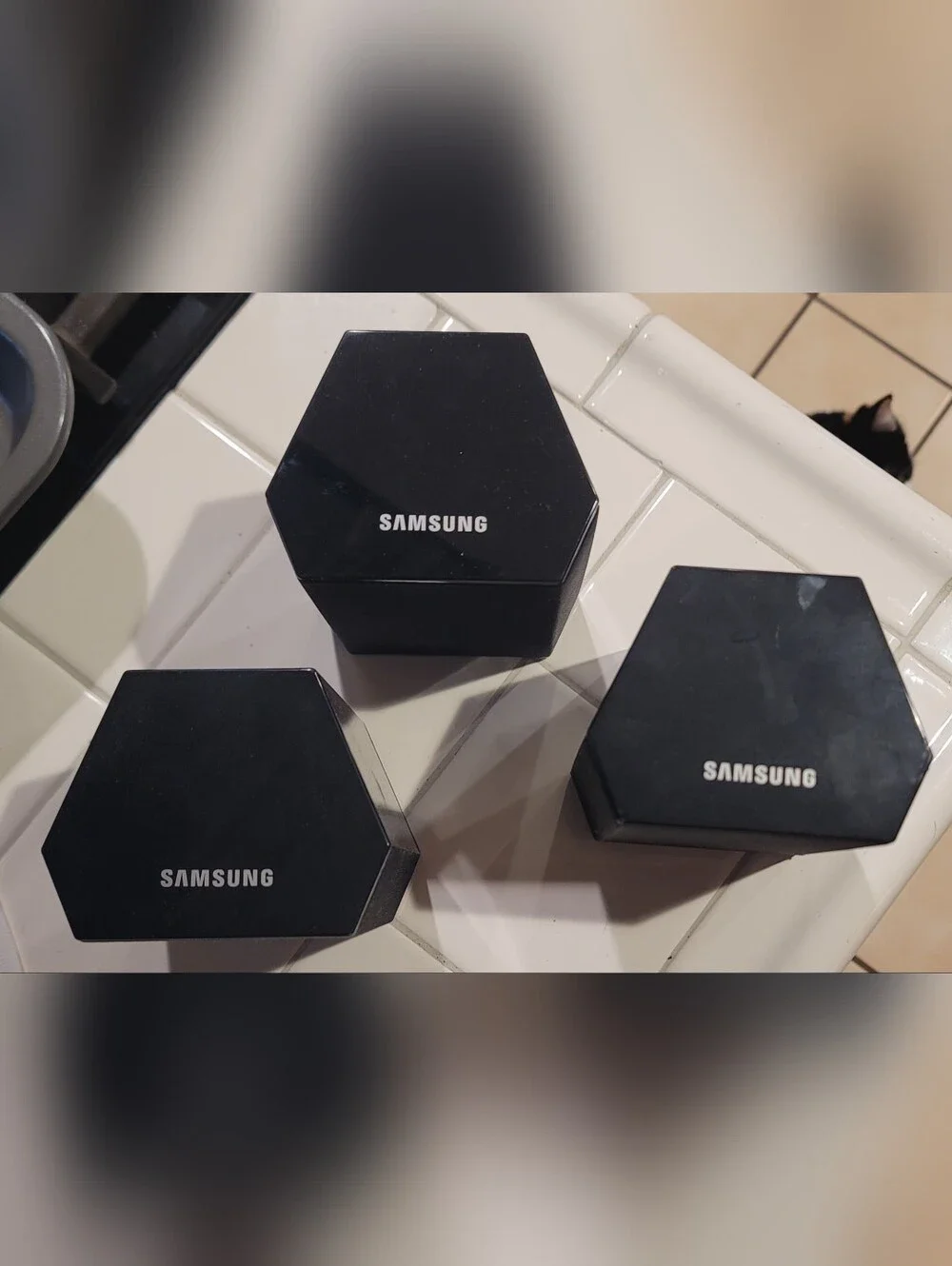 black Samsung PS-FS1-1 surround sound speakers